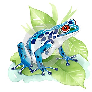 Poison dart frog in cartoon style. Cute Little Cartoon Poison dart frog isolated on white background. Watercolor drawing, hand-