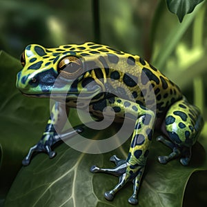 A Poison Dart Frog Head Wrapped In Green Leaves On A Background Of Leaves. Generative AI