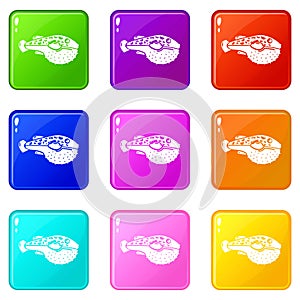 Poison fish icons set 9 color collection