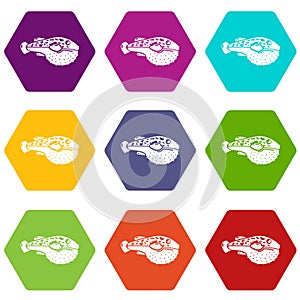 Poison fish icons set 9 vector