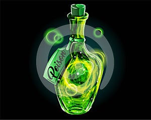 Poison in a magic bottle. A green universe in a jar illustration. Neon toxic fantasy effect. Magic liquid for medicine, science ve