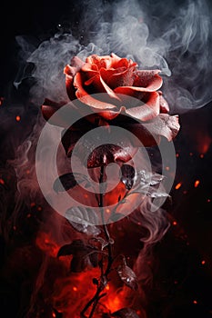 poison red flower. smoke, ashes, fire, flames, embers, powder, explosion, mist, fog, fantasy, surreal, abstract.
