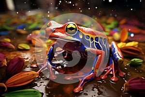 Poison vivid color frog. Poisonous animal of tropical rainforest. Pet in terrarium