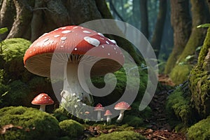 Poisonous fly agaric toadstool in moss