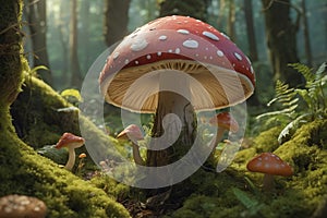 Poisonous fly agaric toadstool in moss