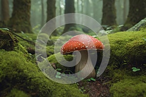 Poisonous fly agaric toadstool in moss