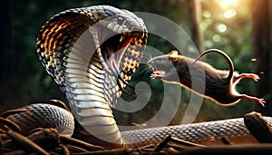 Poisonous snake Cobra with its mouth open and its tongue out hunting a rat. Generative Ai