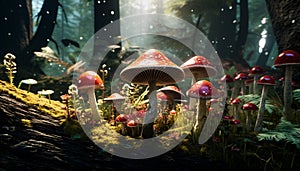 Poisonous toadstool grows in uncultivated autumn forest generated by AI