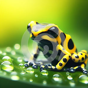 Poisonous yellow frog from tropical regions, Dendrobates leucomelas. AI generated