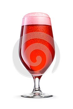 Pokal glass of fresh red beer with cap of foam isolated on white. Fruit beer cocktail