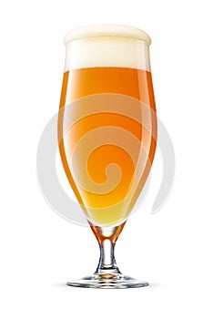 Pokal glass of fresh yellow wheat unfiltered beer with cap of foam isolated on white