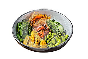 Poke bowl with fresh Salmon fish, rice, seaweed, edamame, cucumber and black sesame. Isolated, white background.