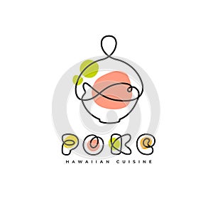 Poke Bowl Hawaiian Cuisine Artisanal Logo. Plate with Fish Healthy Food Restaurant Line Vector Illustration