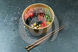 Poke bowl with moshroom, rice, agg and vegetables