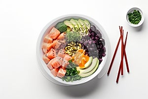 Poke bowl with salmon islated on white background AI generated photo