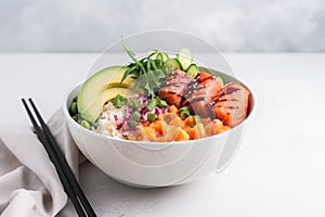 Poke bowl with salmon islated on white background AI generated photo
