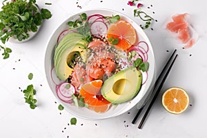 Poke bowl with salmon islated on white background AI generated photo