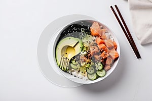 Poke bowl with salmon islated on white background AI generated photo