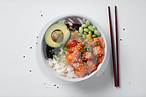 Poke bowl with salmon islated on white background AI generated photo