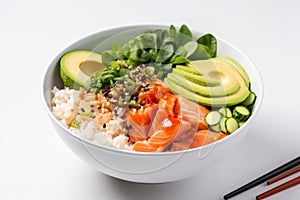 Poke bowl with salmon islated on white background AI generated photo