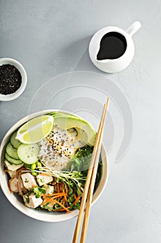 Poke bowl with silken tofu, rice and vegetables