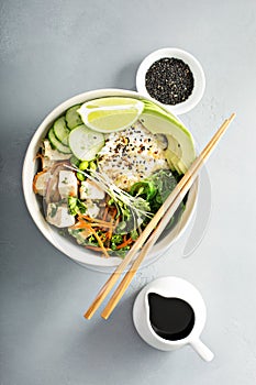 Poke bowl with silken tofu, rice and vegetables