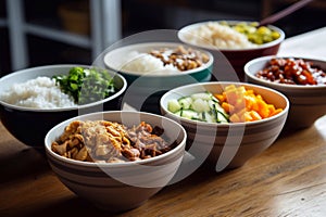 Poke bowl with various healthy foods, vegetables, cereals. Top view, flat lay, copy space. Generative AI