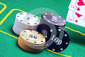 Poker background playing chips and falling cards in motion