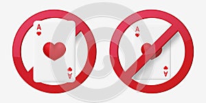 poker ban prohibit icon. Not allowed illegal gambling .