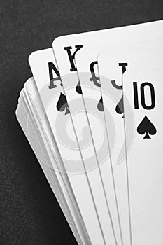 Poker card game with ace straight flush. Black and white