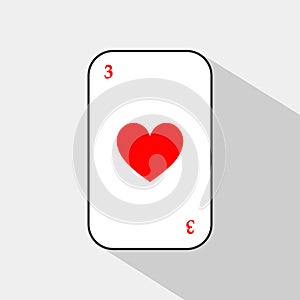 Poker card. HEART THREE. white background to be easily separable.