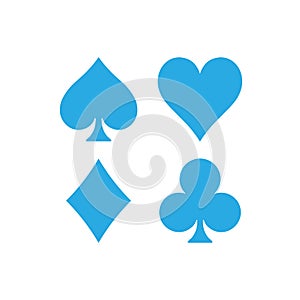 Poker card suits - hearts, clubs, spades and diamonds. Casino gambling theme vector illustration. Simple shapes in blue