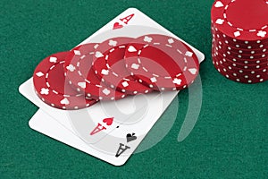 Poker cards, ace and casino chips