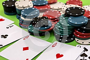 Poker cards, chips and dice