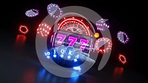 Poker Cards In Flush Royal, Roulette Wheel, Slot And Casino Chips - 3D Illustration
