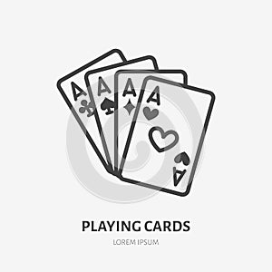 Poker cards line icon, vector pictogram of blackjack game. Four aces illustration, casino gambling sign
