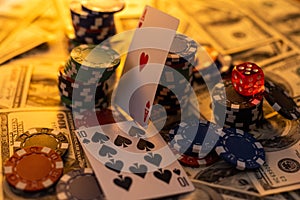 Poker cards royal flush, cash money dollar bills. Gambling, casino chips, dices. Casino tokens, gaming chips, checks, or