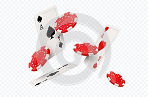 Poker casino chip flying card vector isolated background. Red gamble poker casino chip design concept illustration.