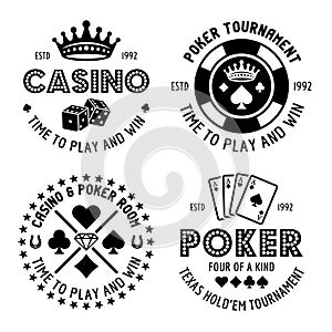 Poker and casino set of four vector monochrome typographic gambling emblems, labels, badges or logos in vintage style