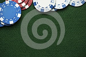 Poker chips Baize cloth table top
