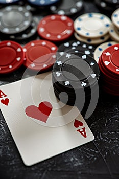 Poker chips and cards on a black table. Close-up