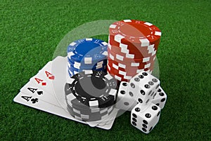 Poker chips,cards and dices