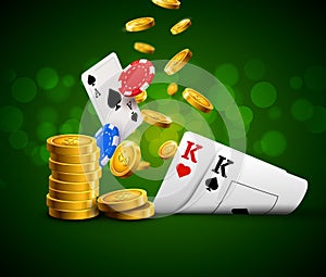 Poker chips casino green poster. Gamble cards and coins success winner royal casino