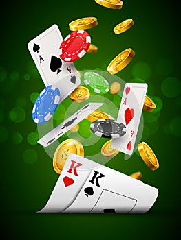 Poker chips casino green poster. Gamble cards and coins success winner royal casino background