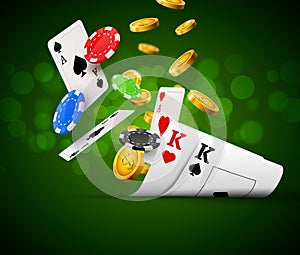 Poker chips casino green poster. Gamble cards and coins success winner royal casino background