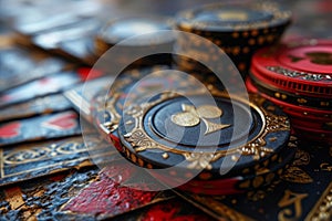 Poker chips on a dark background. Close-up. Selective focus