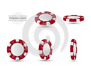 Poker chips in different position. Red chips isolated on light background. Vector illustration