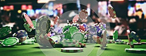 Poker chips falling on green felt roulette table, blur casino interior background. 3d illustration