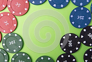 Poker chips on a green background. Place for text. From above