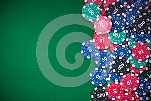 poker chips on green casino table, border background